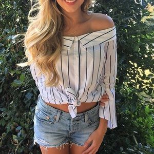 Leith S Off the Shoulder Striped Button Up Blouse